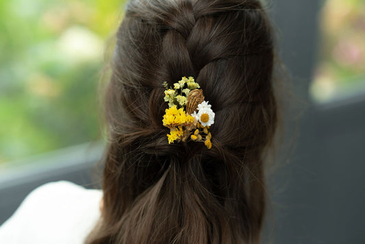 Kit à réaliser DIY - 10 Pics à chignon en fleurs séchées - Jaune